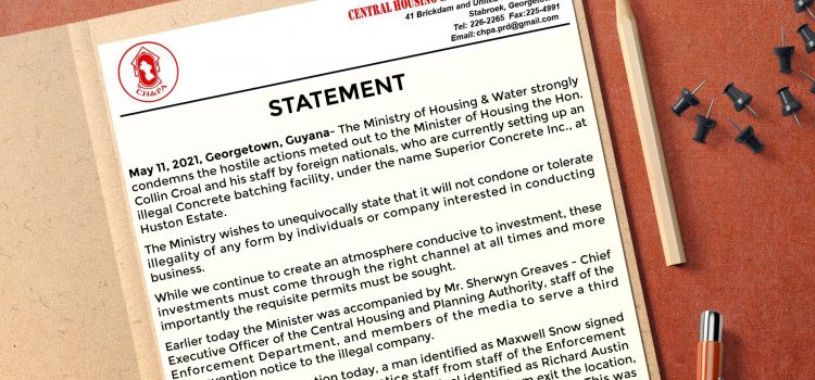 Ministry of Housing & Water Condemns Hostile Actions Meted Out to Minister Croal, Housing Officials